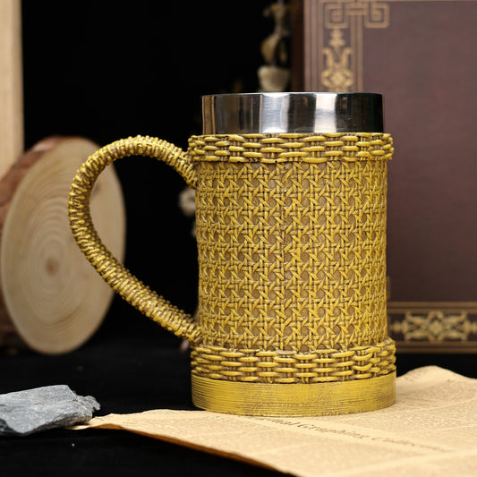 Fusion Insulated Vessel – Stainless Steel & Sculptural Woven Resin Mug