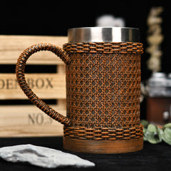 Fusion Insulated Vessel – Stainless Steel & Sculptural Woven Resin Mug