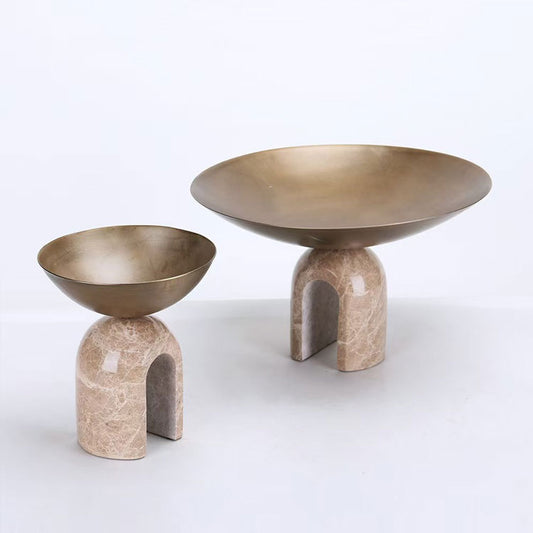 Arcadia Sculptural Pedestal Bowl – Honed Stone Arch & Polished Gold Centerpiece