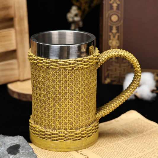 Fusion Insulated Vessel – Stainless Steel & Sculptural Woven Resin Mug