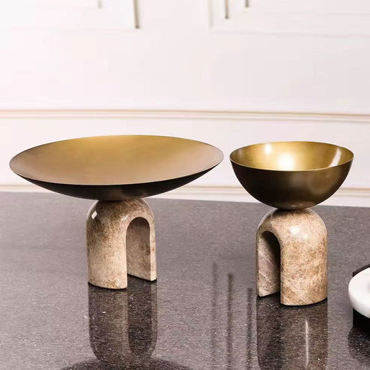 Arcadia Sculptural Pedestal Bowl – Honed Stone Arch & Polished Gold Centerpiece