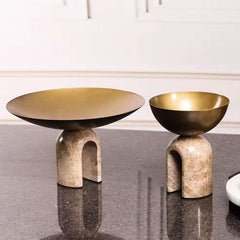 Arcadia Sculptural Pedestal Bowl – Honed Stone Arch & Polished Gold Centerpiece