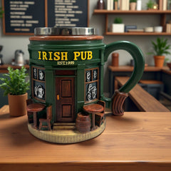 Gaelic Hearth Insulated Vessel – 3D Sculptural Irish Bar Scene Mug