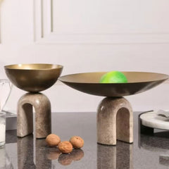 Arcadia Sculptural Pedestal Bowl – Honed Stone Arch & Polished Gold Centerpiece