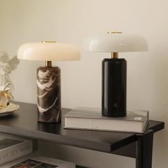 Vesta Marble Pedestal Lamp – Honed Natural Stone Base with Linen Shade