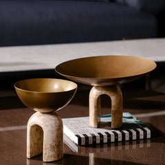 Arcadia Sculptural Pedestal Bowl – Honed Stone Arch & Polished Gold Centerpiece