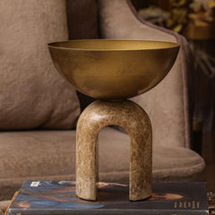 Arcadia Sculptural Pedestal Bowl – Honed Stone Arch & Polished Gold Centerpiece
