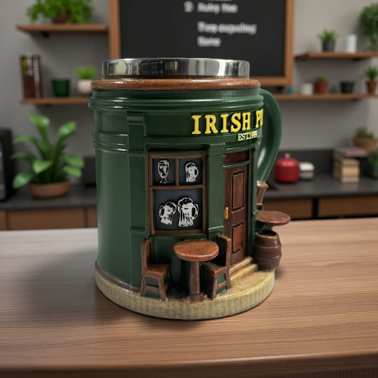 Gaelic Hearth Insulated Vessel – 3D Sculptural Irish Bar Scene Mug